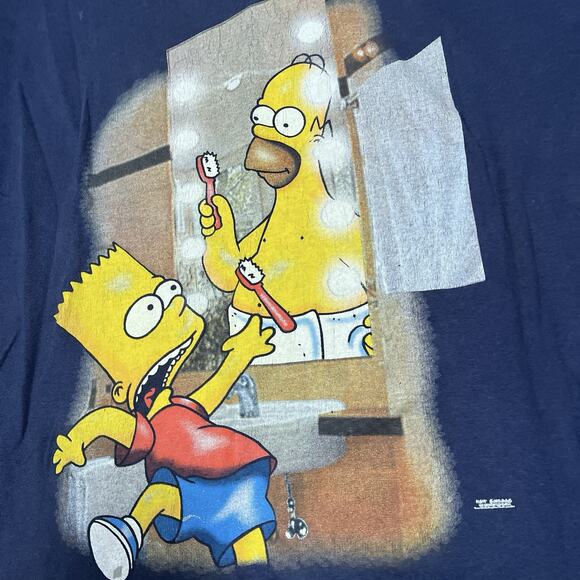 Vintage 90s Y2K The Simpsons BART Homer Mirror Medium Blue T-Shirt Fade Distress - Picture 2 of 10